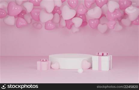 3d render. Heart and gift box with podium stand to show product display on pastel color background. Abstract minimal geometric shapes backdrop for valentine day design composition.