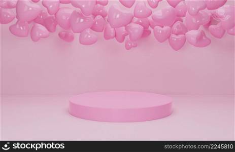 3d render. Heart and pink podium on pastel background. Abstract minimal geometric shapes backdrop for valentine day design composition. Product display with valentine&rsquo;s day concept.