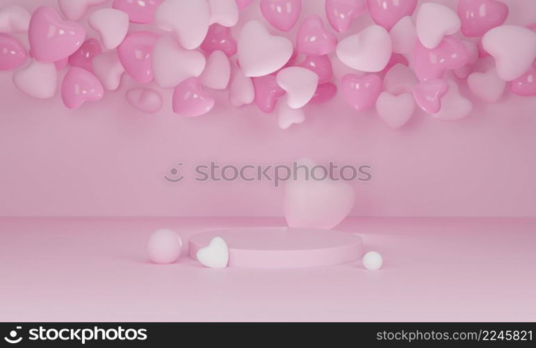 3d render. Heart on pink podium on pastel background. Abstract minimal geometric shapes backdrop for valentine day design composition. Product display with valentine&rsquo;s day concept.