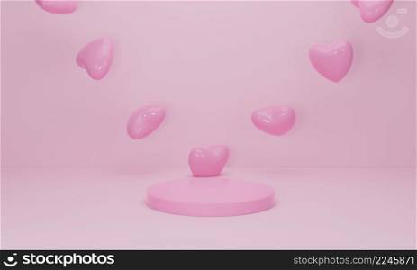 3d render. Heart on pink podium on pastel background. Abstract minimal geometric shapes backdrop for valentine day design composition. Product display with valentine&rsquo;s day concept.