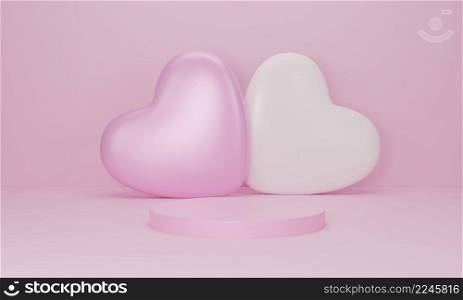 3d render. Heart with pink podium on pastel color background. Abstract minimal geometric shapes backdrop for valentine day design composition. Product display with valentine’s day concept.
