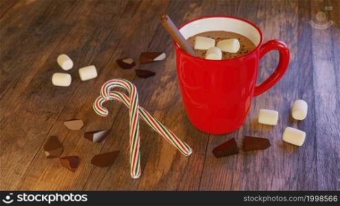 3d render. Hot cocoa with marshmallows, cinnamon and candy canes. Classic comfort food for cold weather and holiday season. Winter drink. Merry Christmas and Happy New Year greeting card. 3d render. Hot cocoa with marshmallows, cinnamon and candy canes. Classic comfort food for cold weather and holiday season. Winter drink