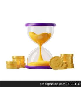 3d render hourglass with falling sand and gold coins. Time is money, income, investment finance success, patience, business capital increasing concept. Isolated illustration in cartoon plastic style. 3D render hourglass with falling sand and coins