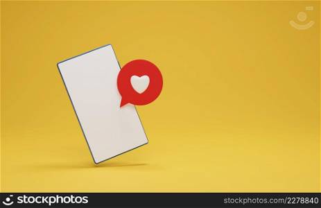 3D render illustration, Heart icons on a red pin and smartphone on yellow background. Social media concept