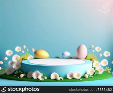 3D render illustration of Easter background banner with product podium platform, eggs, and flower