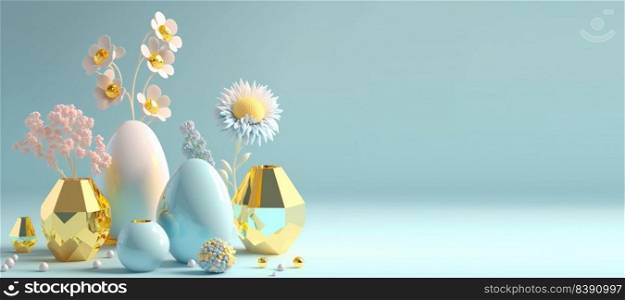3D Render Illustration of Easter Background Greeting with Eggs And Flowers