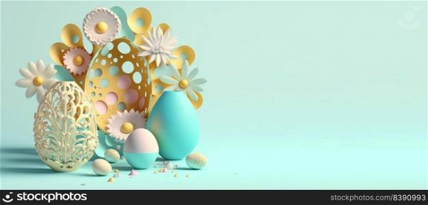 3D Render Illustration of Easter Background Greeting with Eggs , Flowers, And Copy Space