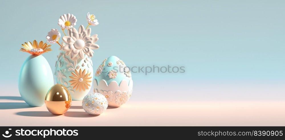 3D Render Illustration of Easter Background with Eggs And Flowers
