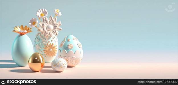 3D Render Illustration of Easter Background with Eggs And Flowers