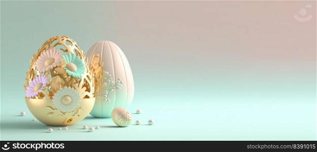 3D Render Illustration of Easter Background with Eggs , Flowers, And Copy Space