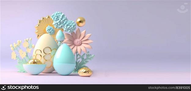 3D Render Illustration of Easter Banner Greeting with Eggs And Flowers