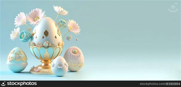 3D Render Illustration of Easter Banner Greeting with Eggs, Flowers, Copy Space