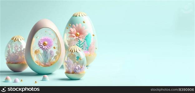 3D Render Illustration of Easter Banner with Eggs And Flowers