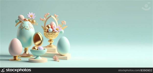 3D Render Illustration of Easter Banner with Eggs, Flowers, Copy Space