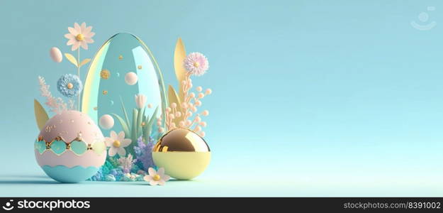 3D Render Illustration of Easter Celebration Background with Eggs And Flowers