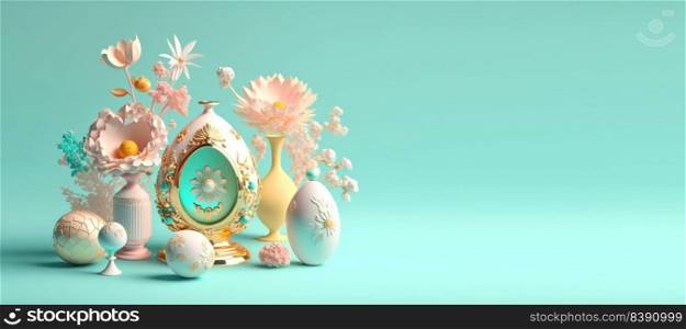 3D Render Illustration of Easter Celebration Banner with Eggs, Flowers, Copy Space