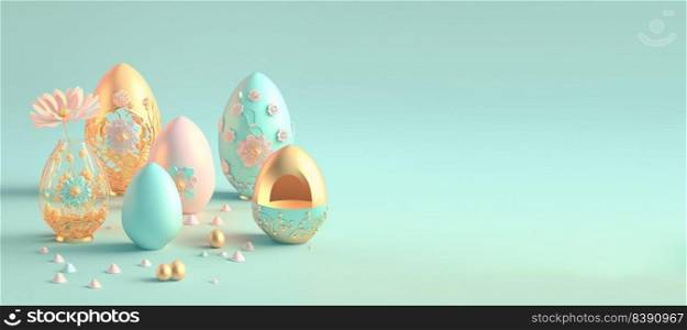 3D Render Illustration of Happy Easter Background Greeting with Eggs And Flowers