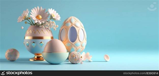 3D Render Illustration of Happy Easter Background with Eggs And Flowers