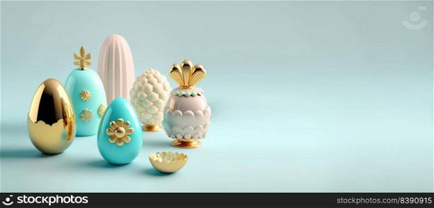 3D Render Illustration of Happy Easter Banner with Eggs And Flowers