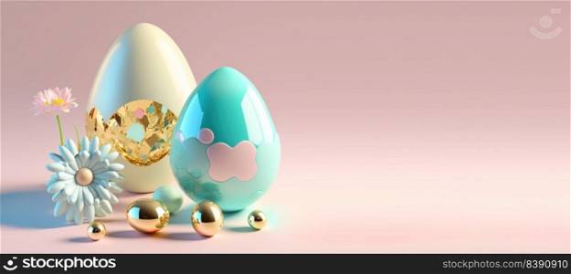 3D Render Illustration of Happy Easter Banner with Eggs, Flowers, Copy Space