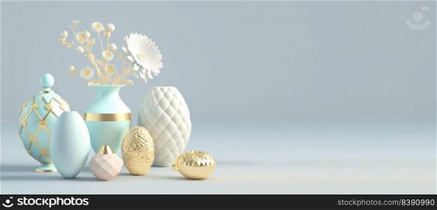 3D Render Illustration of Happy Easter Celebration Banner Greeting with Eggs And Flowers