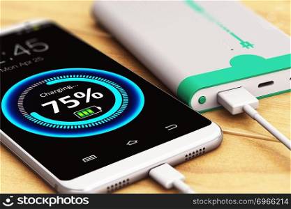 3D render illustration of the macro view of smartphone or mobile phone charging by a portable power bank rechargeable battery pack on the wooden table with selective focus effect