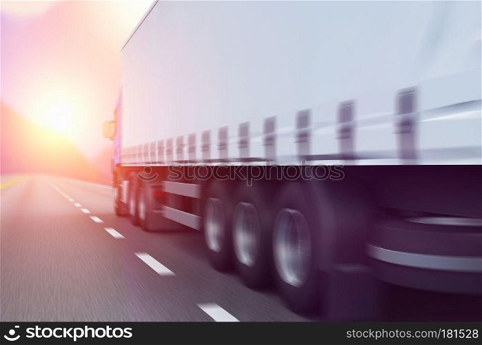 3D render illustration of the semi-truck driving the highway in sunset with motion blur effect