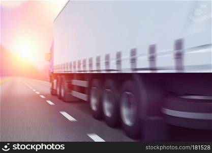 3D render illustration of the semi-truck driving the highway in sunset with motion blur effect