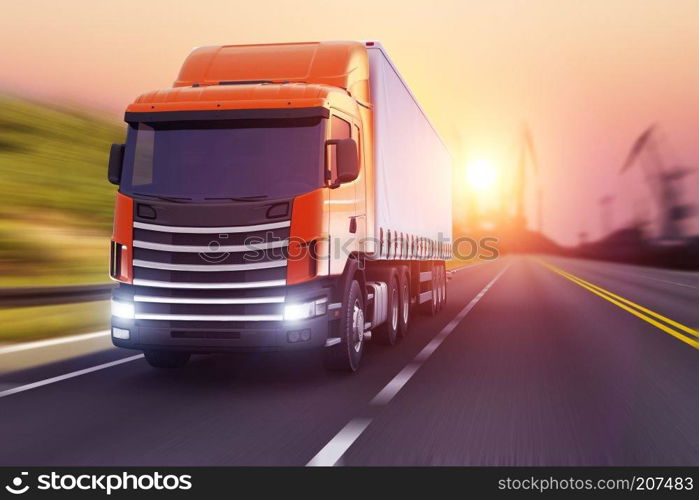 3D render illustration of the semi-truck driving the highway in sunset with motion blur effect