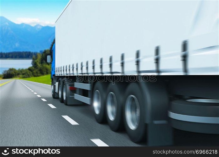 3D render illustration of the semi-truck driving the highway with motion blur effect