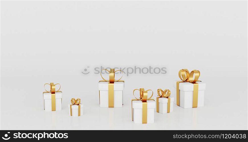 3d render image illustration of White gift box golden ribbon for celebration on special day.Happy Holiday decoration surprise card.Concept give packing Love idea.Wedding modern luxury minimalist.