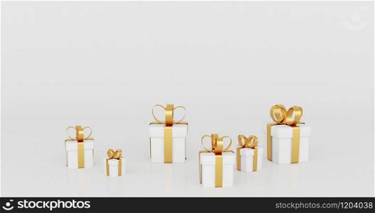 3d render image illustration of White gift box golden ribbon for celebration on special day.Happy Holiday decoration surprise card.Concept give packing Love idea.Wedding modern luxury minimalist.