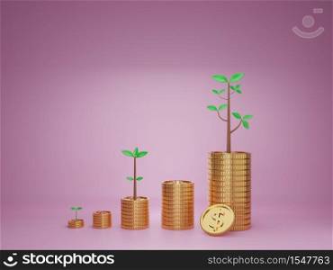 3D render image of coin stacks with growing trees on top and one coin lean against last stacks, concept of saving money or investment for future