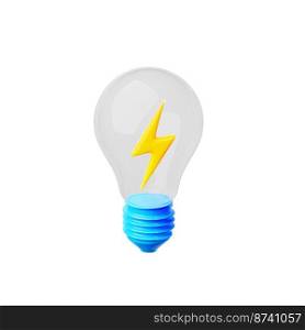 3d render lamp with lightning inside, think icon, creative idea, insight, electricity or energy power. Light bulb with flash bolt isolated illustration in cartoon plastic style on white background. 3d render lamp with lightning inside, think icon