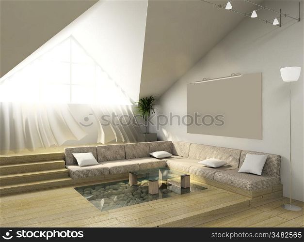 3D render. Modern room in the big house.