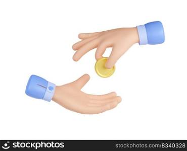 3d render money payment, hand giving coin to palm. Salary, charity, corruption, gift, bribe, tax, alms or purchase business concept, isolated Illustration on white background in cartoon plastic style. 3d render money payment, hand giving coin to palm