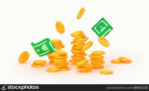 3d render money pile, gold coins stack, falling banknotes, isolated paper and golden dollar bills and currency banknotes on white background. Business and finance success, wealth, jackpot, lottery win. 3d render money pile, gold coins stack, banknotes