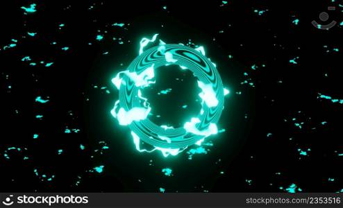 3D Render. Neon glow energy shape, abstract magic luminous swirls, fantasy round portal and glitter particle sparkles on dark background. Flames in motion around a circle. Mystical portal. 3D Render. Neon glow energy shape, abstract magic luminous swirls, fantasy round portal