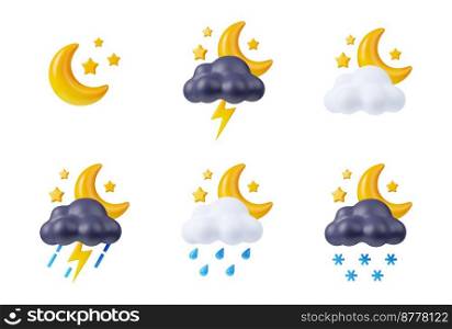 3d render night weather icons set, crescent and stars shining, clouds with lightnings, snow and rain. Forecast elements for web design or app, isolated cartoon illustration in plastic minimal style. 3d render night weather icons, crescent and stars