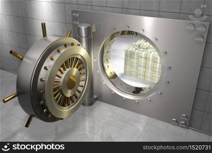 3D render of a bank vault with stack of 100 dollar bills inside