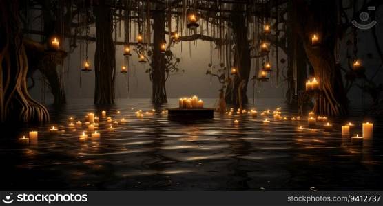 3D render of a beautiful Halloween background with a lot of candles floating in the water