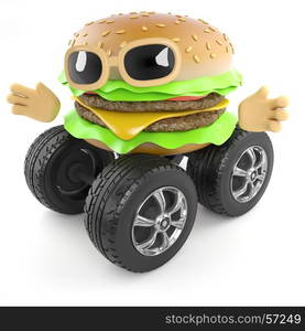 3d render of a beef burger with car wheels