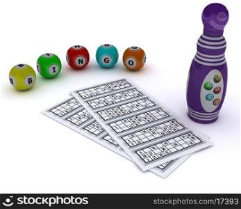 3D render of a Bingo balls and card with dabber pen