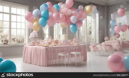 3d render of a birthday party with cake. balloons and table