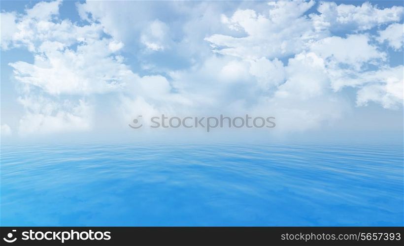 3D render of a blue ocean and fluffy white clouds in sky