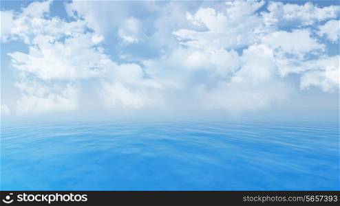 3D render of a blue ocean and fluffy white clouds in sky