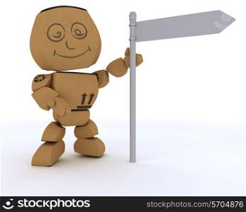 3D render of a Cardboard Box figure with blank white road sign