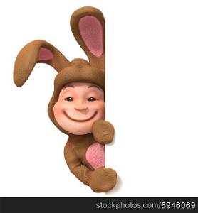 3d render of a child wearing a bunny rabbit costume hides behind blank space