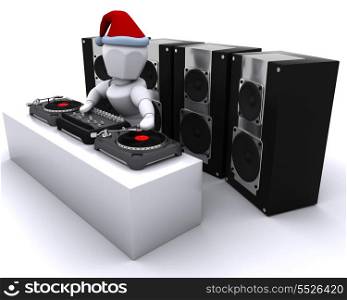 3D render of a Christmas DJ mixing records on turntables