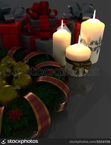 3D render of a Christmas Garland with gifts and candles